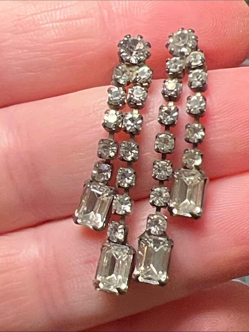 Vintage Hollywood Glam Clear Rhinestone Dangle Earrings Art Deco Style